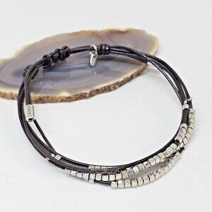 Fossil Brown Leather Multi Cord Silver Tone Beads Bracelet Boho